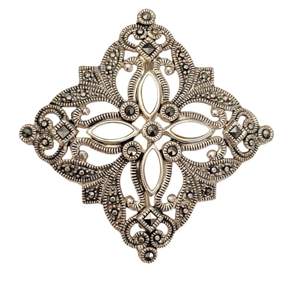 Sterling Silver Art Deco Style Marcasite Mother Of Pearl Cab Cross Brooch K234